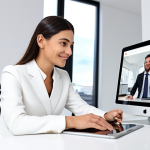A professional female real estate agent in a modest business suit, presenting a digital virtual tour on a large tablet to a male client in a modern, brightly lit office. They are seated at a sleek white desk with a laptop and a few architectural models in the background. The agent and client are fully clothed in professional dress. perfect anatomy, correct proportions, natural pose, well-formed hands, proper finger count, natural body proportions, professional photography, high quality, realistic, safe for work, appropriate content, fully clothed, professional.