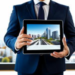 A professional male real estate agent, wearing a modest business suit, fully clothed, appropriate attire, standing in a modern, sunlit office. He is demonstrating a virtual property tour on a large tablet screen to a group of attentive clients. The background features a blurred cityscape through large windows, suggesting a dynamic urban environment. Perfect anatomy, correct proportions, natural pose, well-formed hands, proper finger count, natural body proportions. High-quality professional photography, sharp focus, natural lighting, safe for work, appropriate content, professional.
