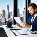 A professional real estate expert, fully clothed in a modest business suit and appropriate attire, is seated at a sleek modern desk in a well-lit contemporary office. The expert is meticulously reviewing legal documents and analyzing market data on a tablet, with a city skyline visible through a large window in the background. The scene conveys deep concentration and professional competence, emphasizing thorough due diligence and market understanding. This image ensures perfect anatomy, correct proportions, well-formed hands, and a natural pose, rendered with professional photography and high quality, making it safe for work and family-friendly.