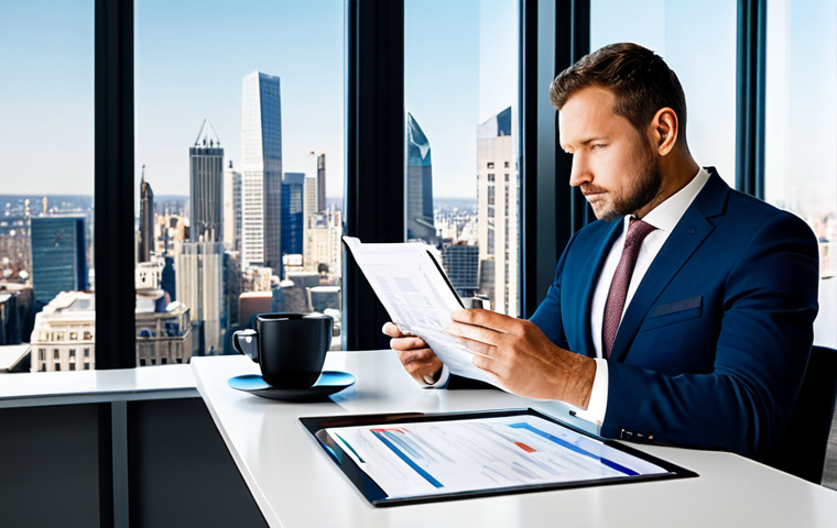A professional real estate expert, fully clothed in a modest business suit and appropriate attire, is seated at a sleek modern desk in a well-lit contemporary office. The expert is meticulously reviewing legal documents and analyzing market data on a tablet, with a city skyline visible through a large window in the background. The scene conveys deep concentration and professional competence, emphasizing thorough due diligence and market understanding. This image ensures perfect anatomy, correct proportions, well-formed hands, and a natural pose, rendered with professional photography and high quality, making it safe for work and family-friendly.