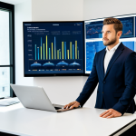 A professional real estate agent in a modern, well-lit office, looking confidently at a large transparent screen displaying complex data visualizations, charts, and market trend graphs. The agent is wearing a professional business suit, fully clothed, appropriate attire. In the background, subtle elements suggest a blend of traditional and contemporary, perhaps an elegant desk and a comfortable client area. The image emphasizes data-driven decision-making and technological integration in real estate. Perfect anatomy, correct proportions, natural pose, well-formed hands, proper finger count, natural body proportions. Professional photography, high detail, sharp focus, clean composition, safe for work, appropriate content, professional, family-friendly.