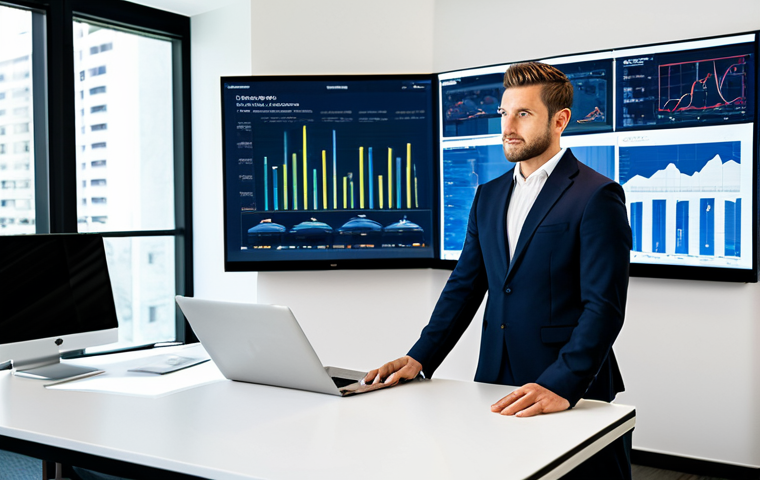 A professional real estate agent in a modern, well-lit office, looking confidently at a large transparent screen displaying complex data visualizations, charts, and market trend graphs. The agent is wearing a professional business suit, fully clothed, appropriate attire. In the background, subtle elements suggest a blend of traditional and contemporary, perhaps an elegant desk and a comfortable client area. The image emphasizes data-driven decision-making and technological integration in real estate. Perfect anatomy, correct proportions, natural pose, well-formed hands, proper finger count, natural body proportions. Professional photography, high detail, sharp focus, clean composition, safe for work, appropriate content, professional, family-friendly.