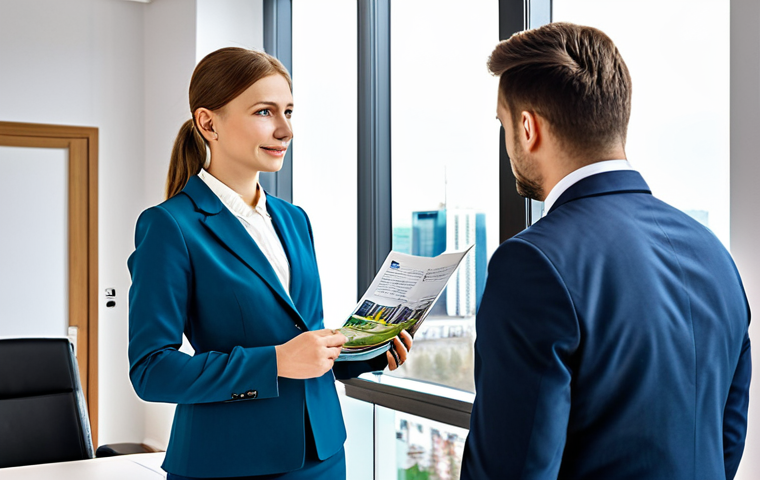 공인중개사와 부동산 트렌드의 연결 고리 - "A professional real estate agent in Warsaw, Poland, wearing a modern business suit, advising a youn...