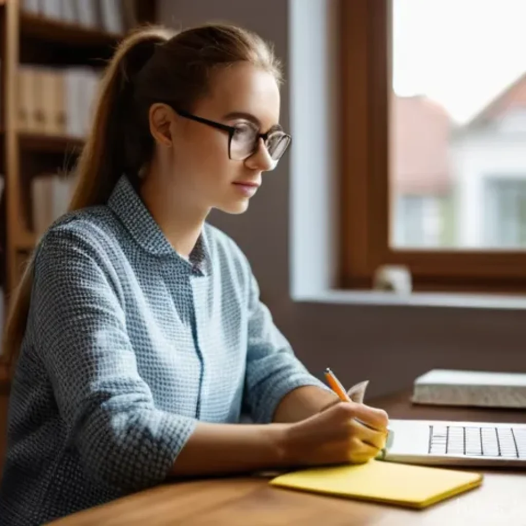 공인중개사 시험 준비와 관련된 질문 답변 사례 - **A focused young adult studying for a real estate exam in Poland.** A determined Polish woman in he...