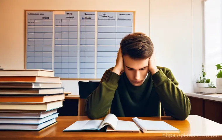 공인중개사 시험 준비의 흔한 실수 - **Prompt 1: Overwhelmed by Ambitious Study Plan**
A young Polish student, fully clothed in comfo...
