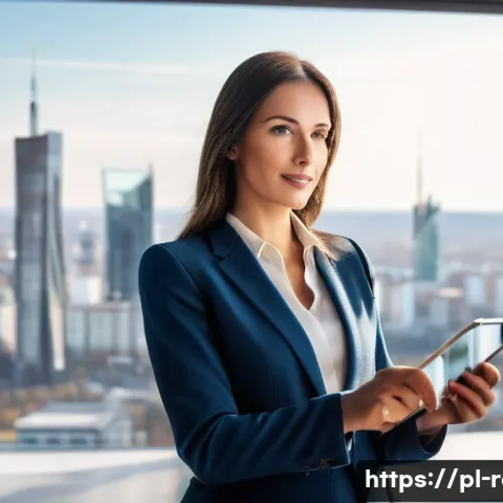공인중개사와 부동산 시장 변화의 분석적 접근 방법 - **Prompt:** A highly professional female real estate agent, dressed in a sharp business suit, stands...