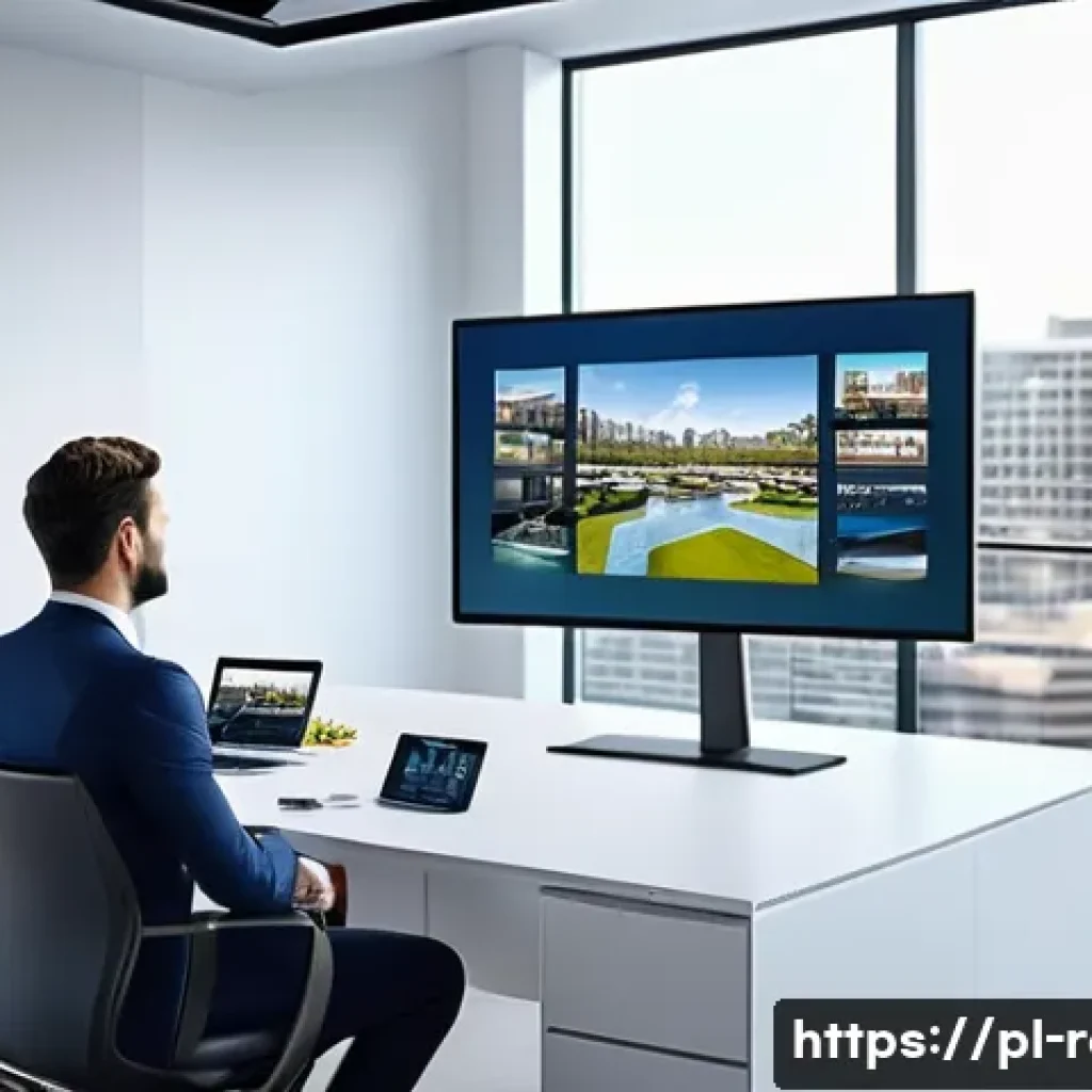 공인중개사와 부동산 관련 최신 사례 연구 - A modern real estate agent's office scene featuring a large digital touchscreen displaying an intera...