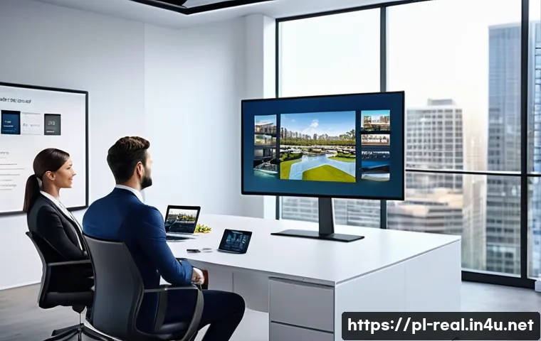 공인중개사와 부동산 관련 최신 사례 연구 - A modern real estate agent's office scene featuring a large digital touchscreen displaying an intera...