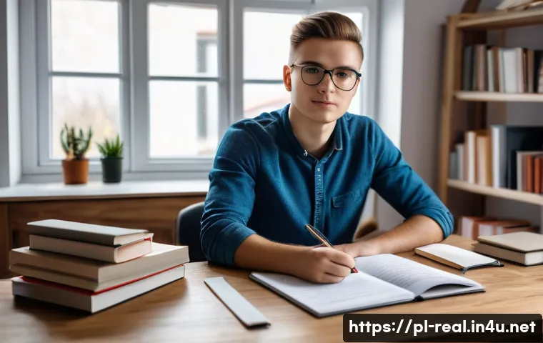 공인중개사 시험 전 마지막 점검 리스트 - A focused Polish student studying for a real estate exam in a cozy, well-organized home office with ...