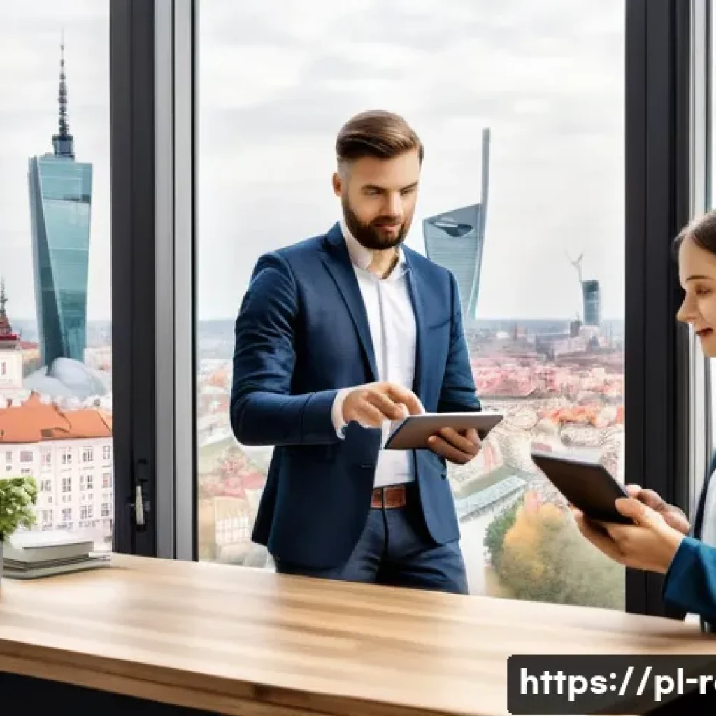 공인중개사 부동산 시장 관련 고객 상담 사례 - A modern real estate agent’s office scene in Warsaw, Poland, showing a professional agent engaging a...