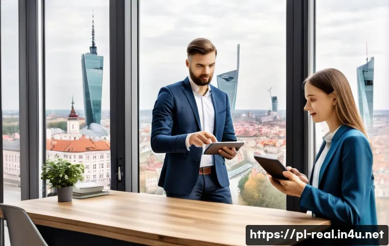 공인중개사 부동산 시장 관련 고객 상담 사례 - A modern real estate agent’s office scene in Warsaw, Poland, showing a professional agent engaging a...