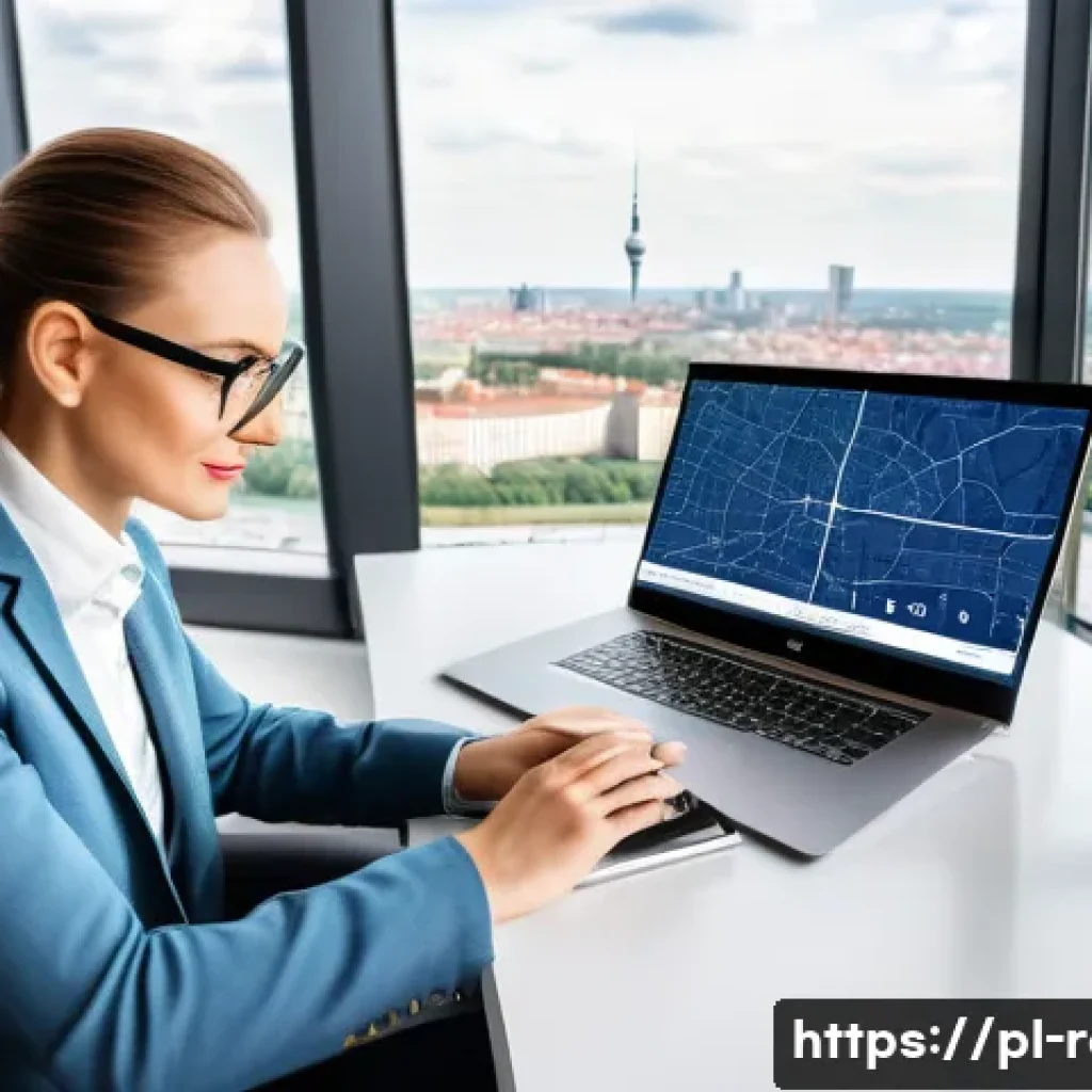 공인중개사와 부동산 시장 변화 사례 연구 - A modern Polish real estate agent using a sleek laptop and smartphone simultaneously in a bright, co...