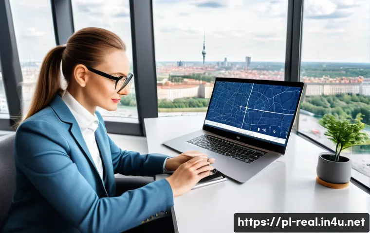 공인중개사와 부동산 시장 변화 사례 연구 - A modern Polish real estate agent using a sleek laptop and smartphone simultaneously in a bright, co...
