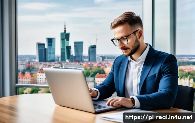 공인중개사 자격증 장단점 분석 - A professional Polish real estate agent in a modern office setting, wearing business casual attire w...