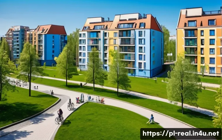공인중개사와 지역 부동산 시장의 분석적 접근 - A vibrant urban neighborhood in Poland during springtime, featuring modern apartment buildings with ...