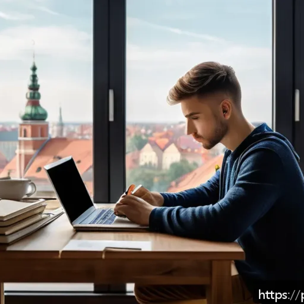 공인중개사 시험 준비를 위한 마스터 플랜 - A focused young Polish adult studying for a real estate intermediary exam in a cozy modern home offi...