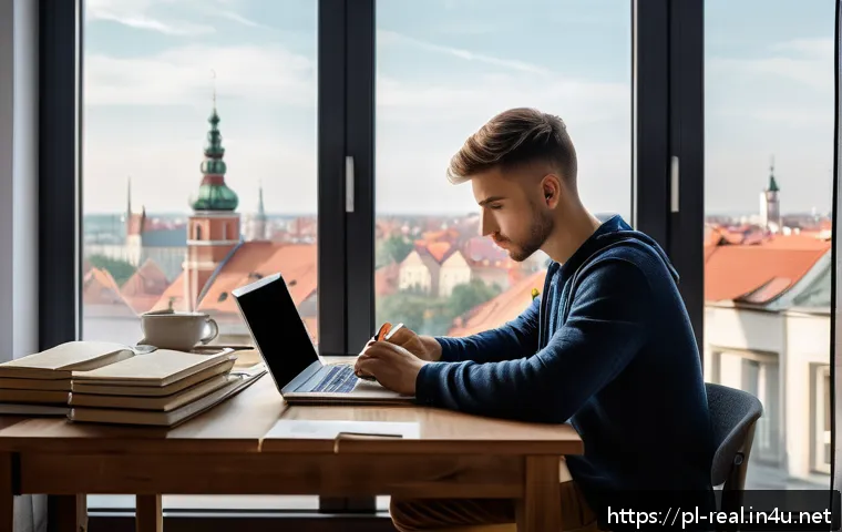 공인중개사 시험 준비를 위한 마스터 플랜 - A focused young Polish adult studying for a real estate intermediary exam in a cozy modern home offi...