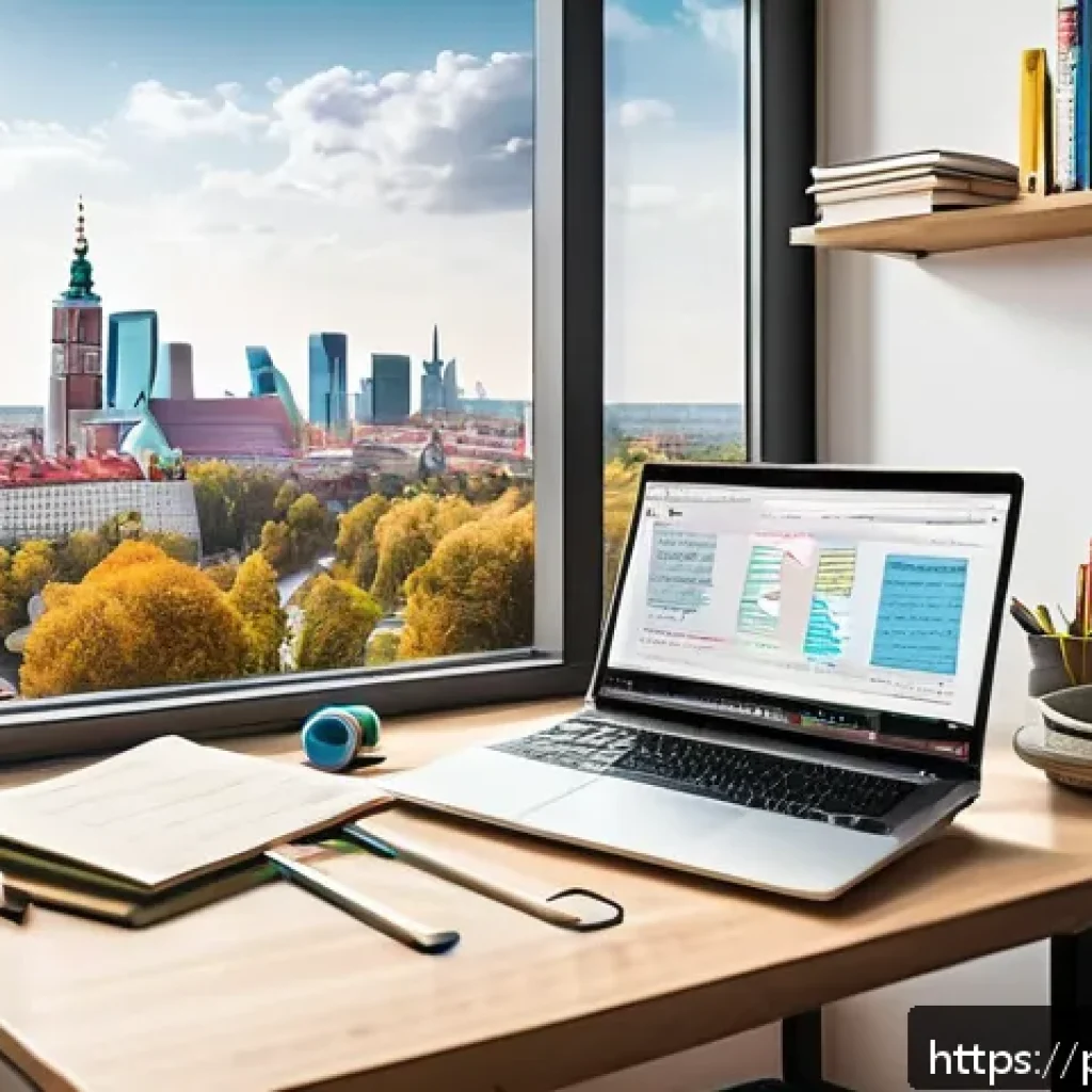 공인중개사 시험 준비의 효율적인 방법 - A modern, cozy study room in a Polish apartment with a neatly organized desk featuring an ergonomic ...