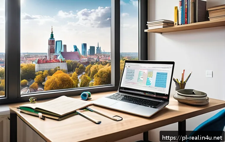 공인중개사 시험 준비의 효율적인 방법 - A modern, cozy study room in a Polish apartment with a neatly organized desk featuring an ergonomic ...