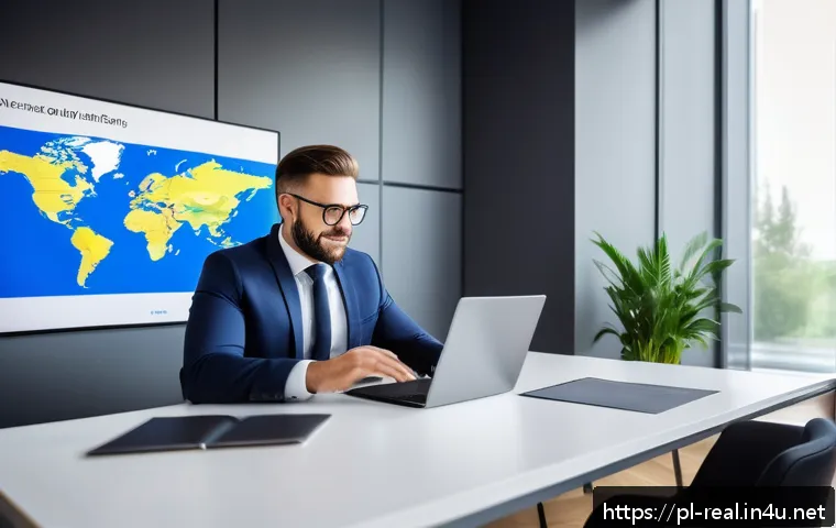 공인중개사 자격증 활용 글로벌 사례 - A professional real estate agent in a modern office setting, engaged in a virtual meeting with inter...