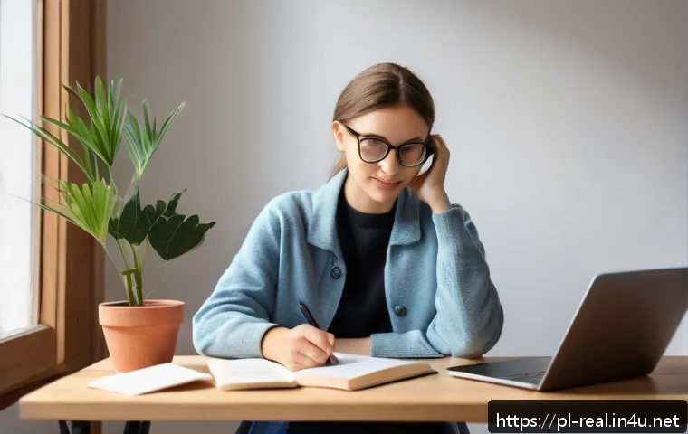 공인중개사 시험 준비와 시간 관리 방법 - A cozy study room scene showing a Polish real estate student in casual, modest clothing sitting at a...