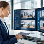 Home 22 공인중개사와 부동산 시장 트렌드 변화 연구 - A modern real estate agent working in a bright, sleek office space with multiple digital screens dis...