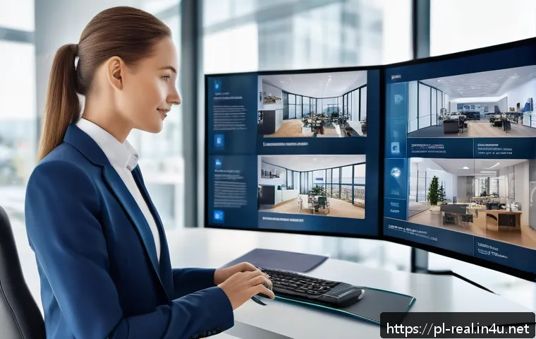 공인중개사와 부동산 시장 트렌드 변화 연구 - A modern real estate agent working in a bright, sleek office space with multiple digital screens dis...