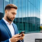 Home 21 공인중개사 부동산 관련 최신 기술 사례 연구 - A modern real estate agent using a sleek mobile app on a smartphone, managing property listings in r...
