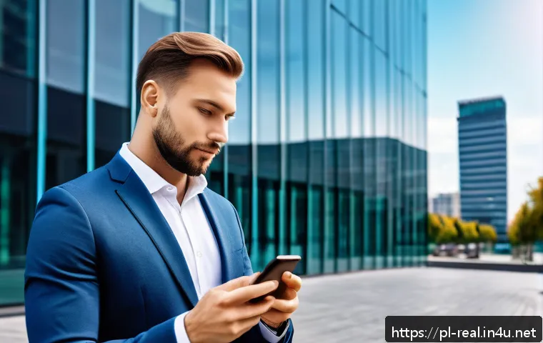 공인중개사 부동산 관련 최신 기술 사례 연구 - A modern real estate agent using a sleek mobile app on a smartphone, managing property listings in r...