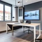 Home 18 공인중개사와 최신 부동산 기술 활용 사례 연구 - A modern real estate agent’s office in Poland, showcasing a large digital screen displaying a 3D vir...