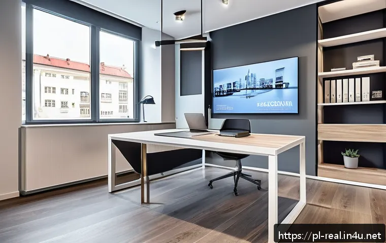 공인중개사와 최신 부동산 기술 활용 사례 연구 - A modern real estate agent’s office in Poland, showcasing a large digital screen displaying a 3D vir...