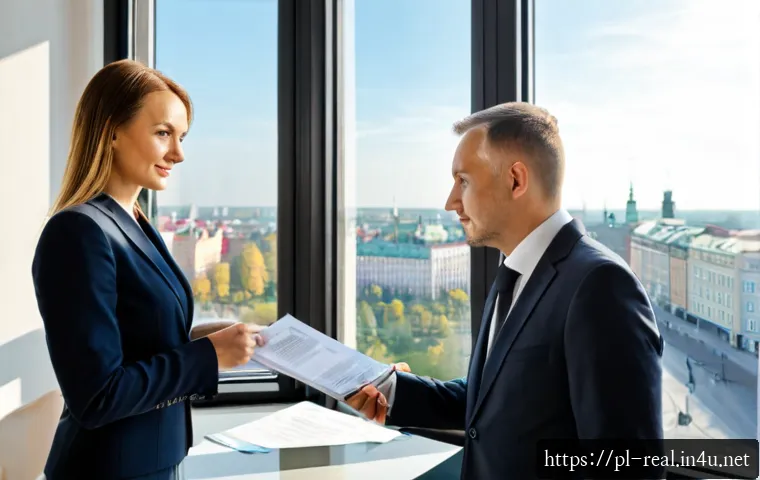 공인중개사 자격증으로 얻는 전문성 - Photorealistic Polish real estate professional in a smart business suit consulting with a middle-age...