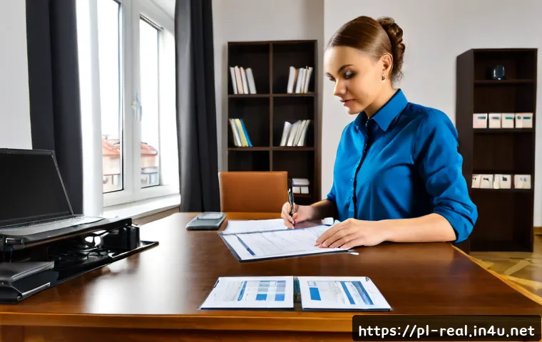 공인중개사 시험 대비 독창적인 학습 전략 - Photorealistic Polish real estate licensing exam preparation scene, focused adult learner at a tidy ...