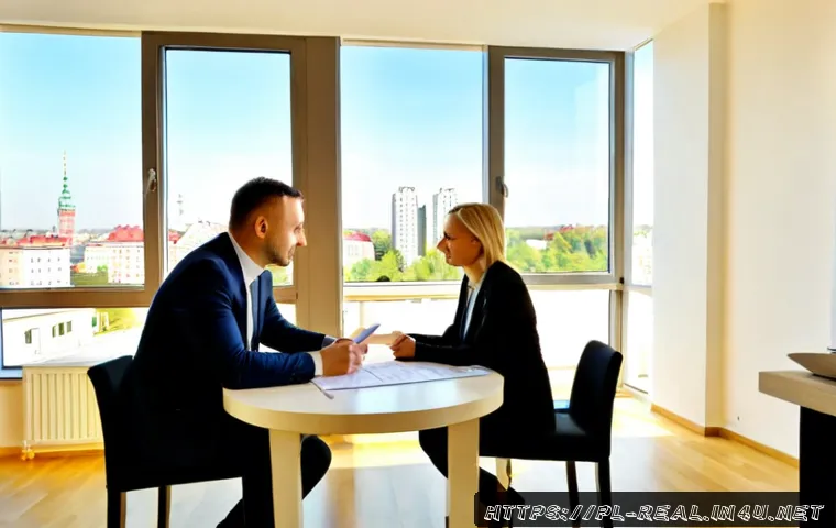 공인중개사와 부동산 시장 동향에 대한 통찰력 - Photorealistic Polish real estate agent in smart casual business attire meeting a middle-aged couple...